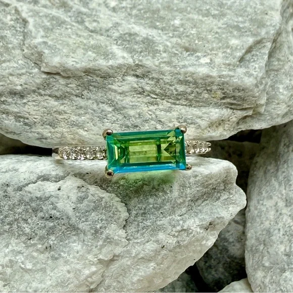 Peacock Quartz Emerald Cut Ring 1.4CTW Platinum Over 925 Sz 10 - Picture 5 of 17